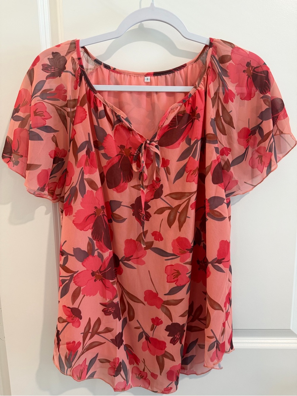 Floral Tie-Neck Flutter Sleeve Blouse - Coral Pink